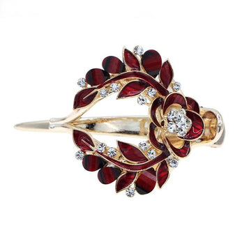 Red Enamel Hinged Hair Clip Claw Barrette w/ Rhinestones Flower Wreath